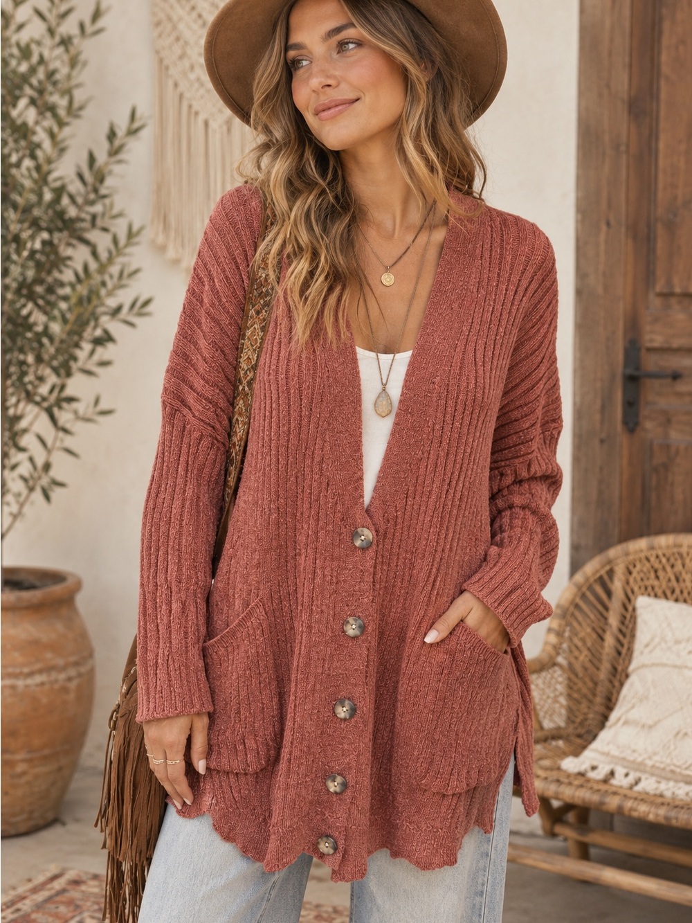 Free People Ribbed Cable Knit Oversized Cardigan Sweater Rust Orange Small Boho